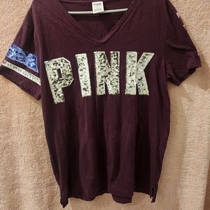 PINK Victoria's Secret Deep Burgundy V-Neck Tee
